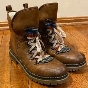 Rieker Brown Leather Lace-Up Alpine Boots with Multicolor Accents